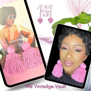 NEW Handmade large bohemian baby pink thick crochet yarn tassel fringe earrings